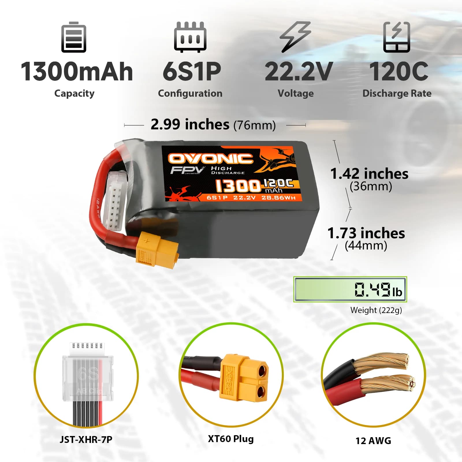 Pack 2 Baterias LiPo 6S 1300mAh 120C Ovonic XT60 FPV Racing | IHA Race for fpv drones 2
