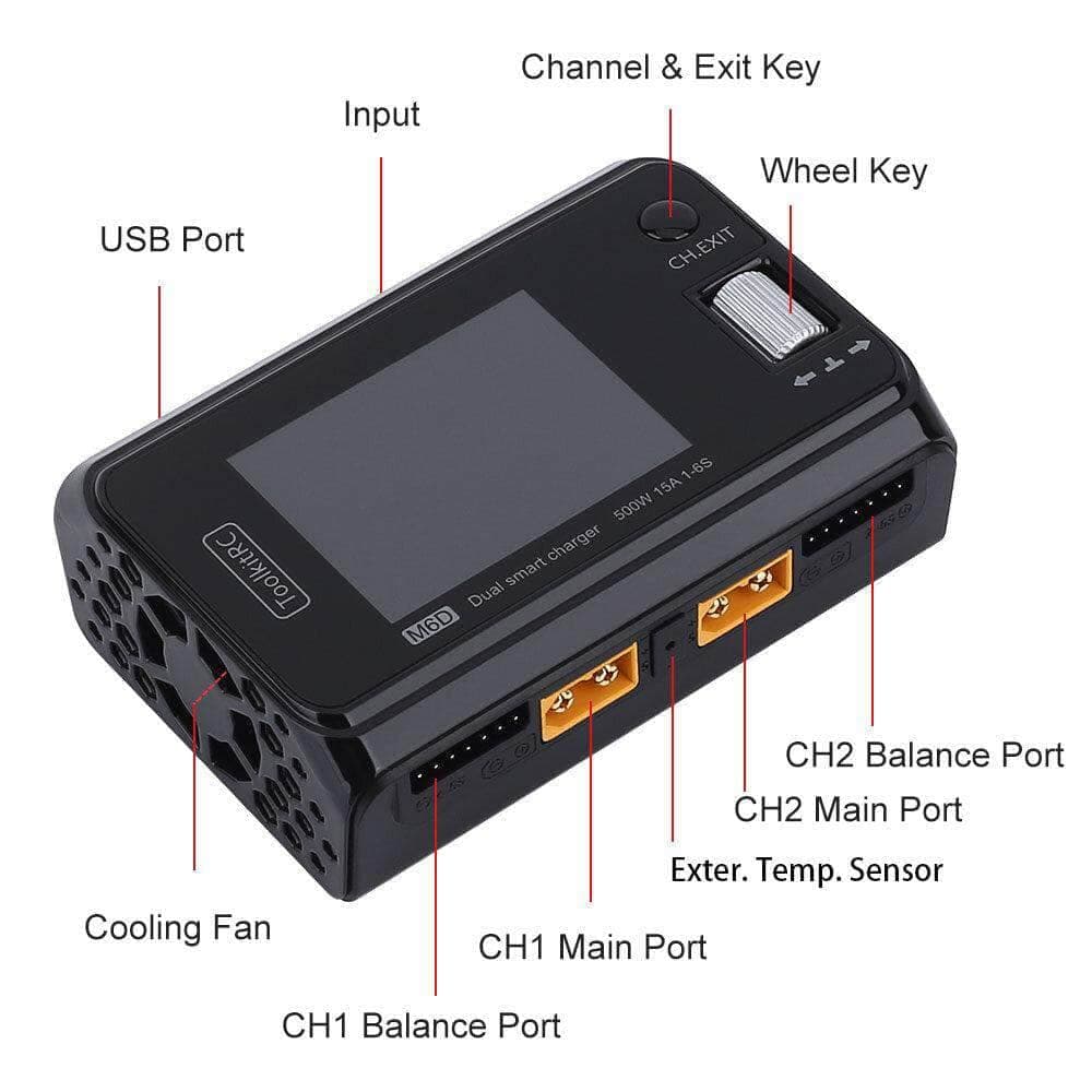 ToolkitRC M6D 500W 15A 1-6S Dual Channel DC Smart Charger for fpv drones 9