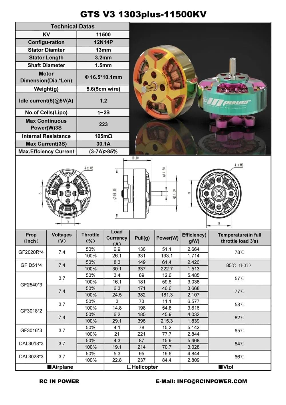 RCinPower GTS V3 1303 FPV Brushless Motor 8000KV/11500KV Orange/Gold for fpv drones 2