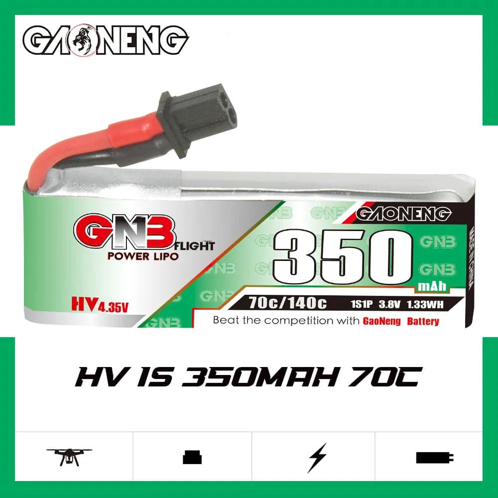 GAONENG GNB LiHV 1S 3.8V 350mAh 70C A30 Cabled LiPo Battery [DG] for fpv drones
