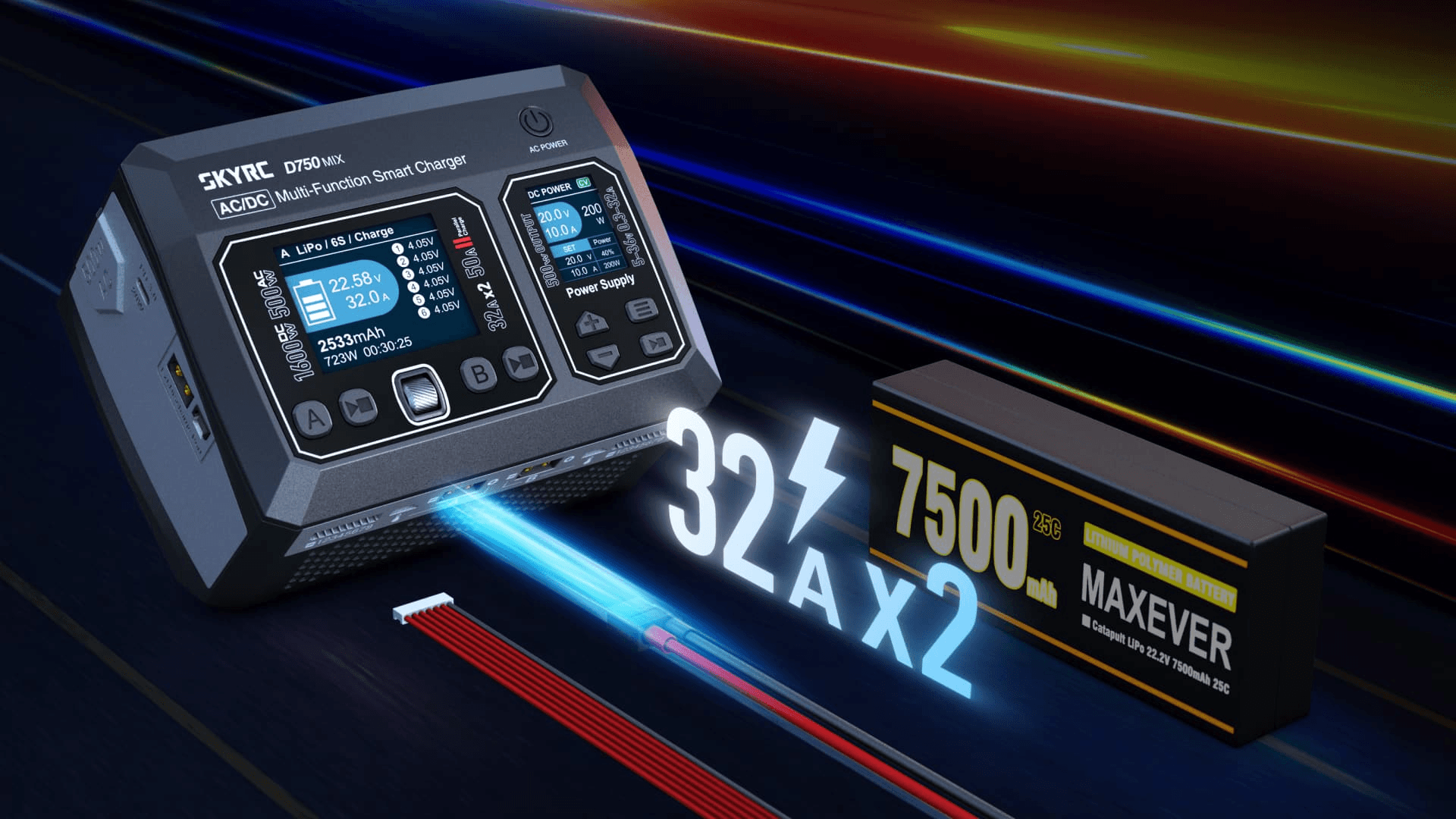 SkyRC D750 MIX Dual Channel 1600W Smart AC/DC Charger & DC Power Supply (1-8S) for fpv drones 7