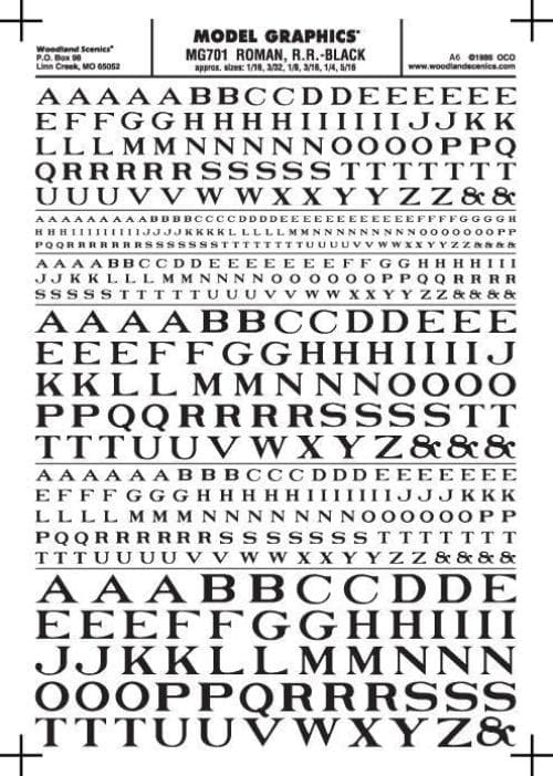 Woodland Scenics MG701 Roman R.R. Letters Black 1/16-5/16" Train Decal Sheet for fpv drones