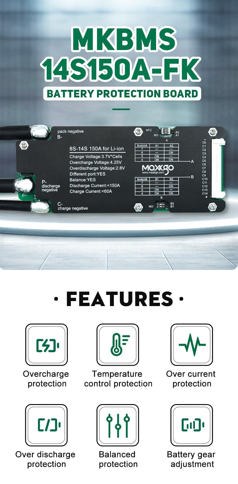 MAXKGO 8S-14S 150A BMS Protection Board Hardware Ternary Polymer Lithium Battery BMS Board for fpv drones 4