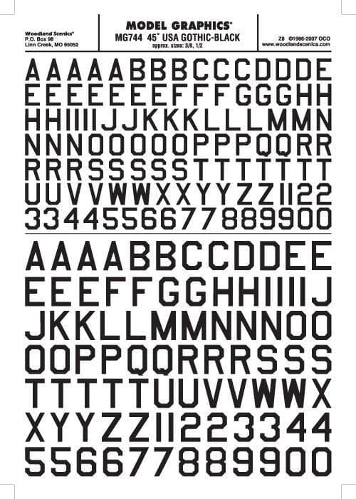 Woodland Scenics MG744 45 Deg USA Gothic Let/Num Blk 1/16-5/16 Train Decal Sheet for fpv drones