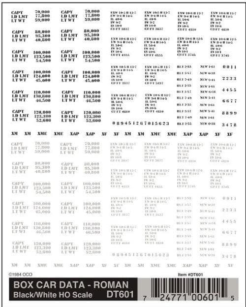 Woodland Scenics DT601 HO Box Car Data Roman Black/White Decal (1 Sheet) for fpv drones