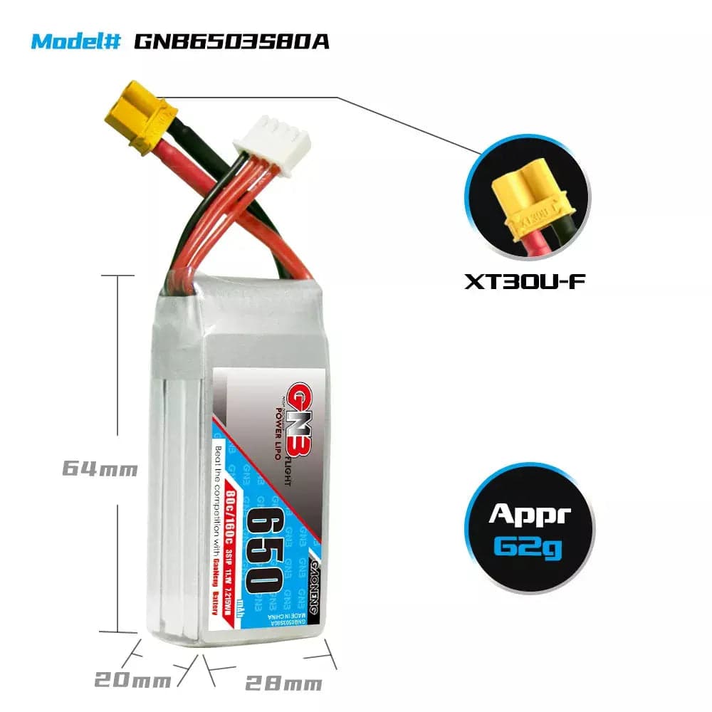 GNB 650mAh 11.1v 3S 80C - XT30 Lipo Battery for fpv drones 1