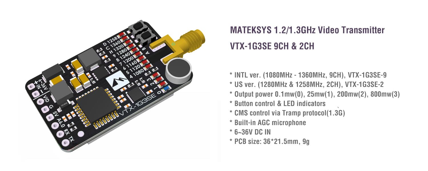 Matek 1.3GHz 630mW Video Transmitter for fpv drones
