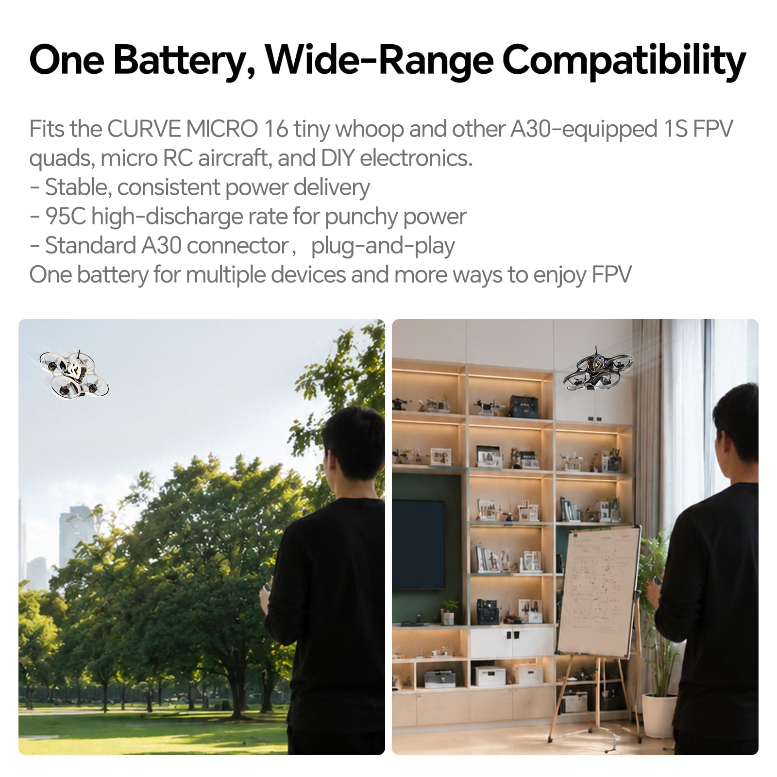 CADDXFPV CURVE 580mAh & 680mAh 1S 3.8V 95C FPV Lipo Battery with A30 connector for fpv drones 3