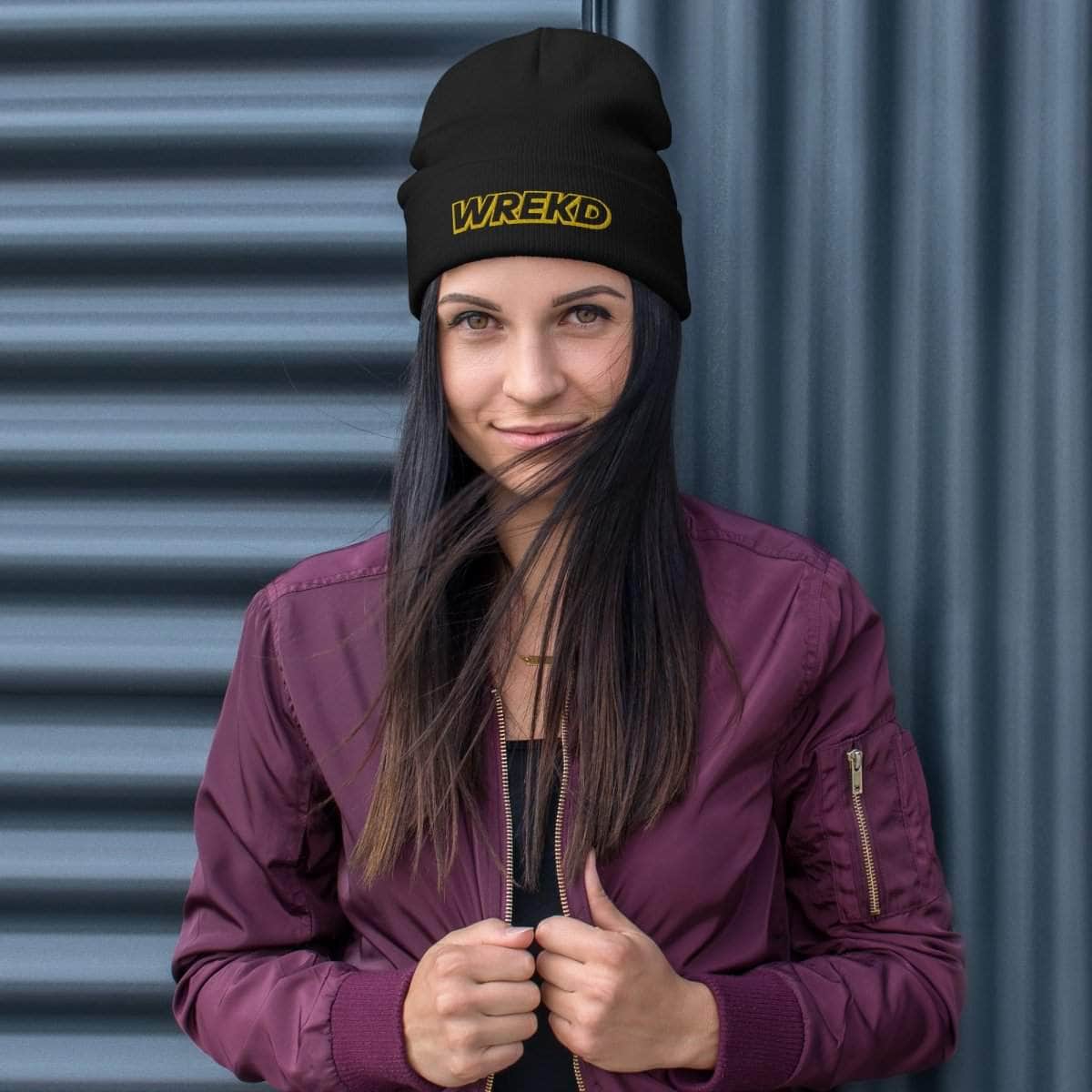 WREKD Gold on Black Logo Knit Beanie for fpv drones 2