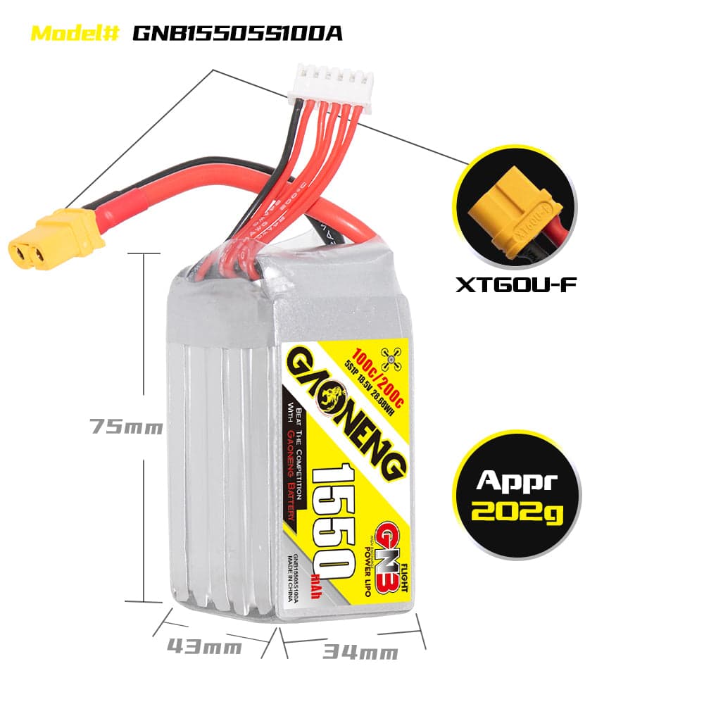 Gaoneng GNB 1550MAH 18.5V 5S 100C LIPO BATTERY - XT60 for fpv drones