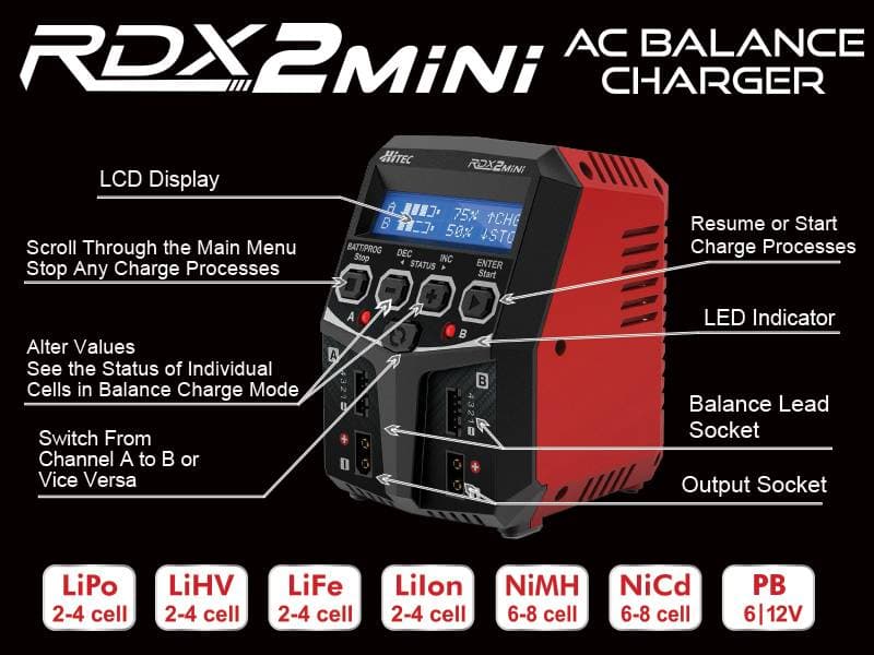 Hitec 44299 RDX2 Mini 100 Watt Dual Port AC Balance Charger for fpv drones 1