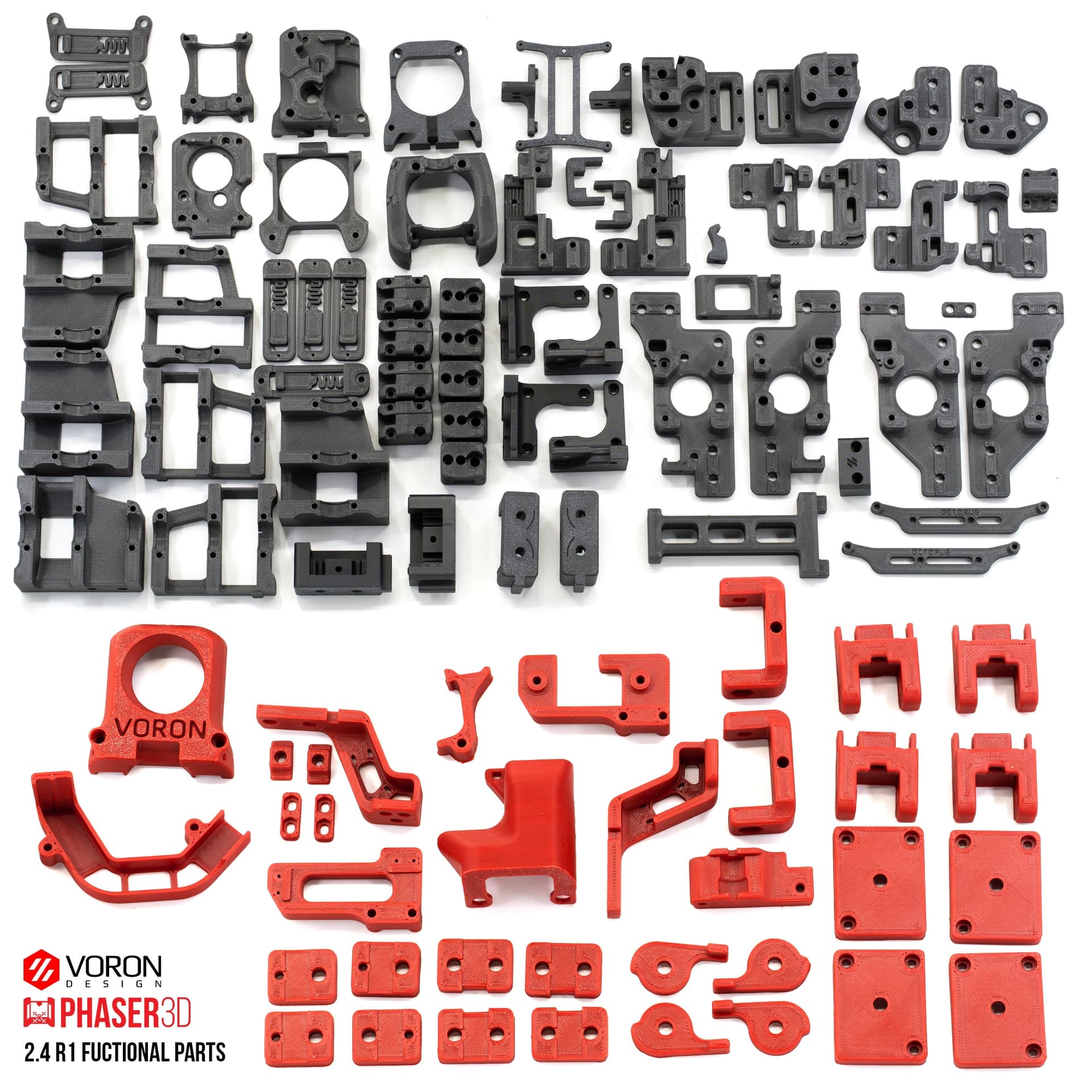 Voron 2.4 R1 Functional Parts Set Printed in Prusament Polycarbonate Carbon Fibre with Fire Engine Red Accents for fpv drones 1