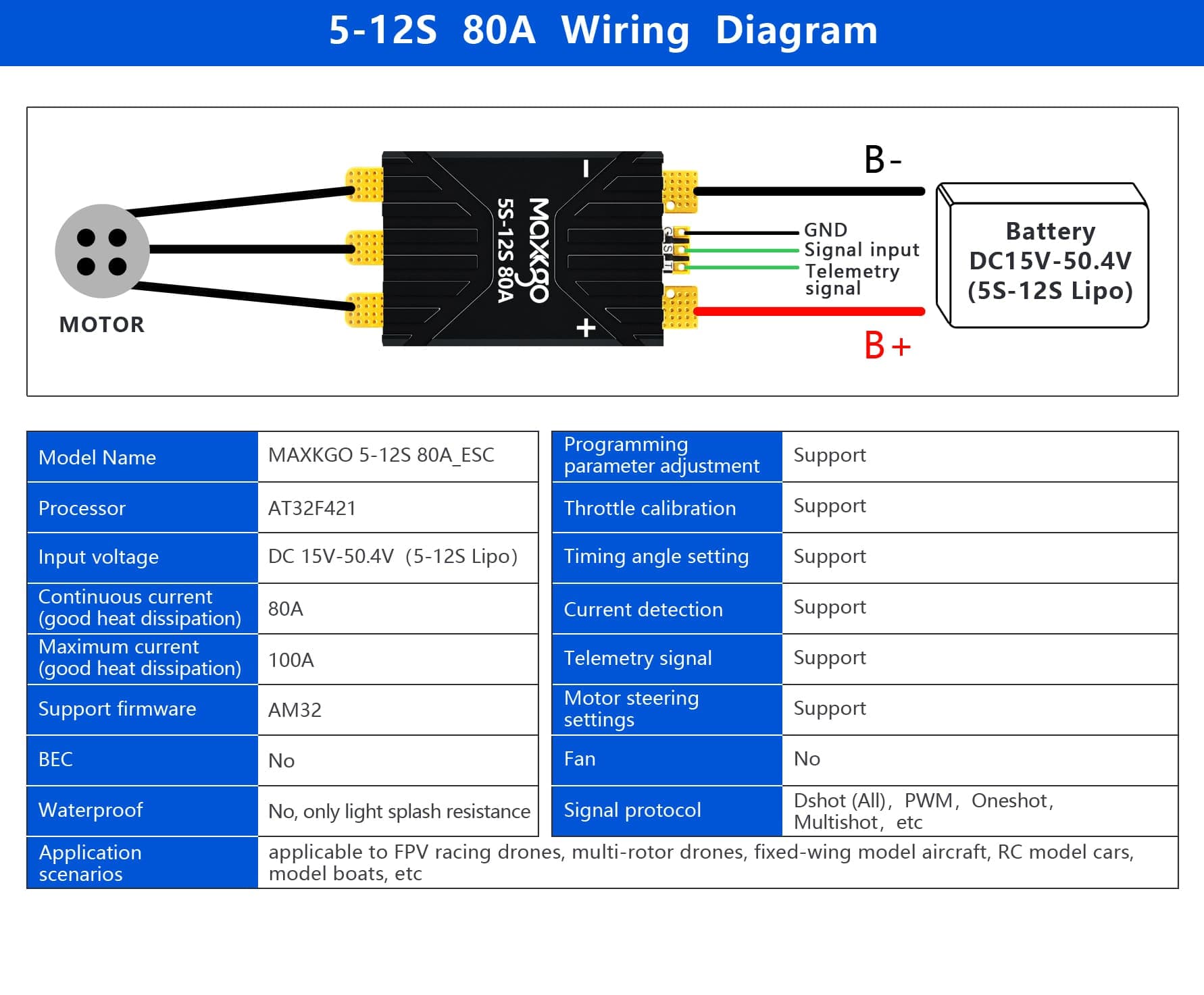 MAXKGO 5-12S 80A Brushless ESC AM32 Dshot600 Electronic Speed Controller for FPV Drones for fpv drones 6