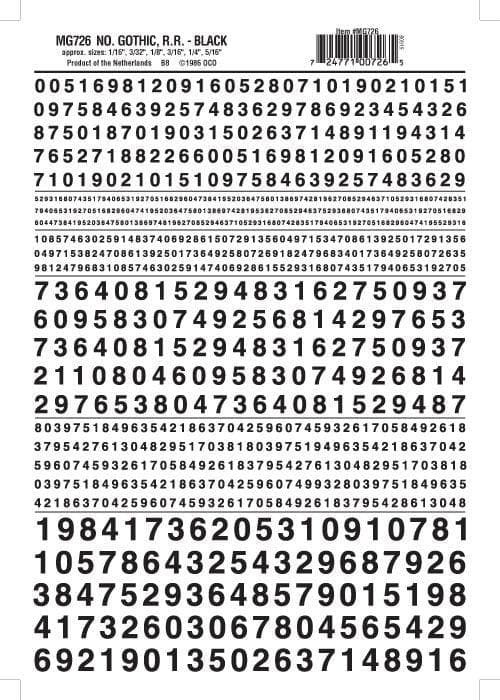 Woodland Scenics MG726 Gothic R.R. Numbers Black 1/16-5/16" Train Decal Sheet for fpv drones