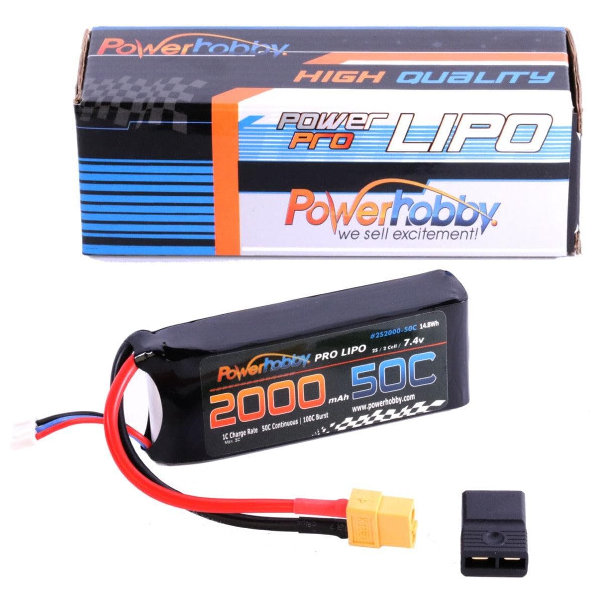 Powerhobby 2s 7.4v 2000mah 50c Lipo Battery w XT60 + Adapter for fpv drones