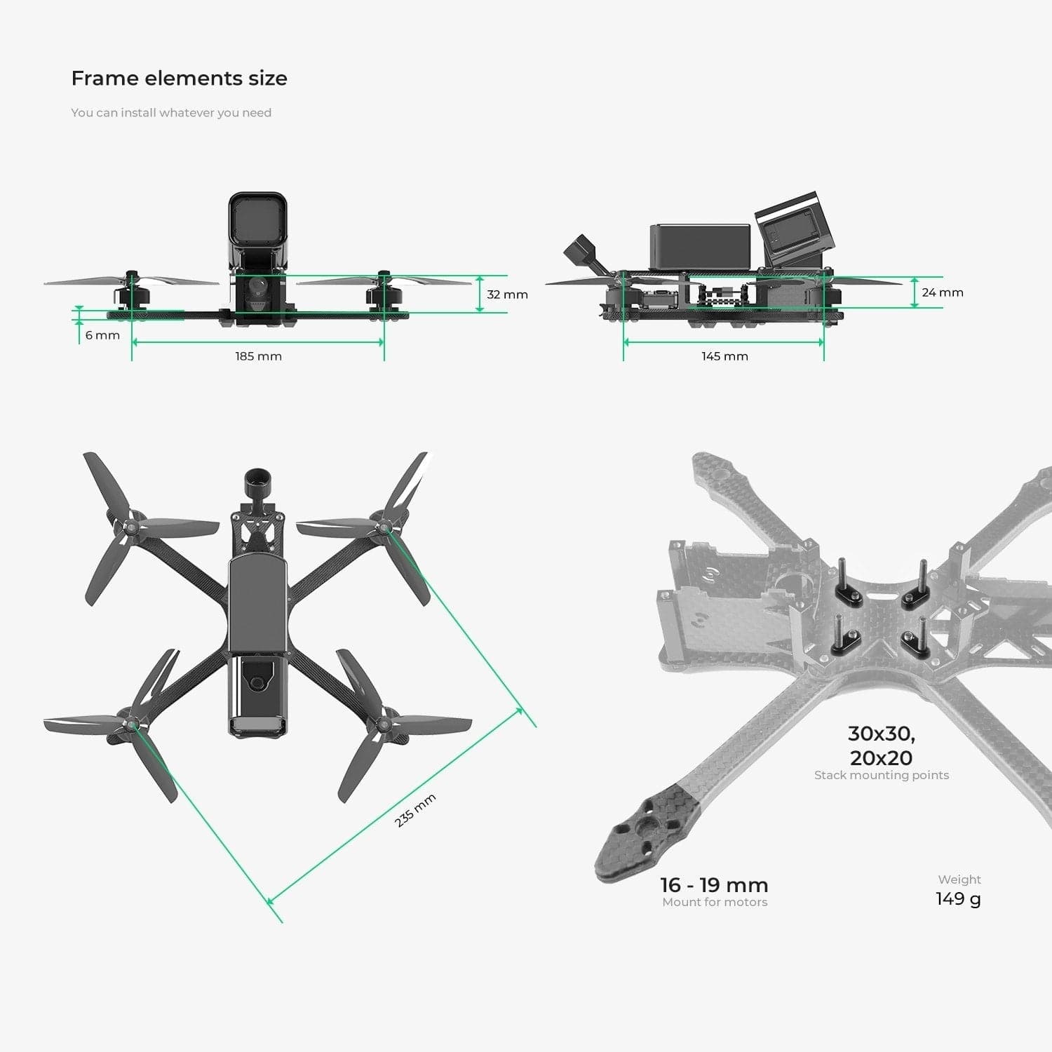 GRL FPV PRO 2 Freestyle Quadcopter Frame 5'' for fpv drones 11