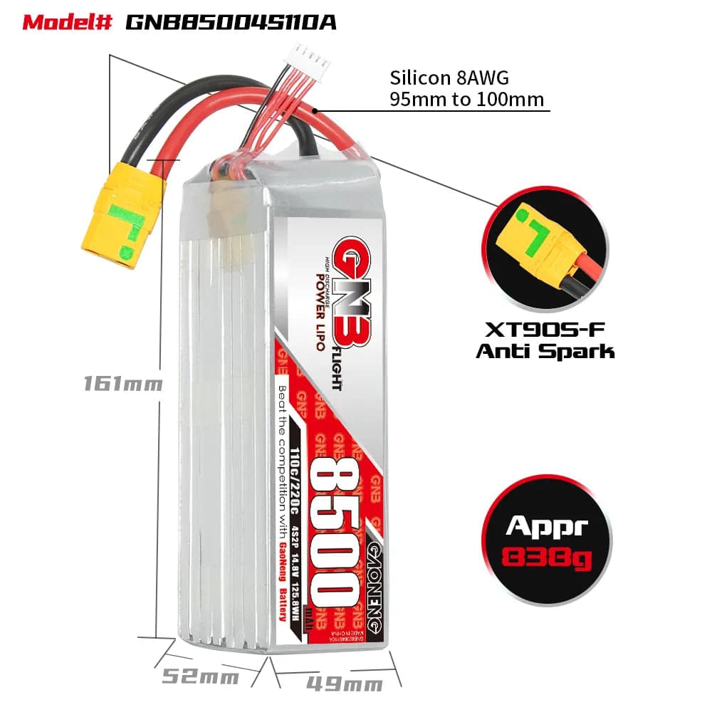 GAONENG GNB 4S 14.8V 8500mAh 110C RC LiPo Battery XT90S Anti Spark [DG] for fpv drones 1