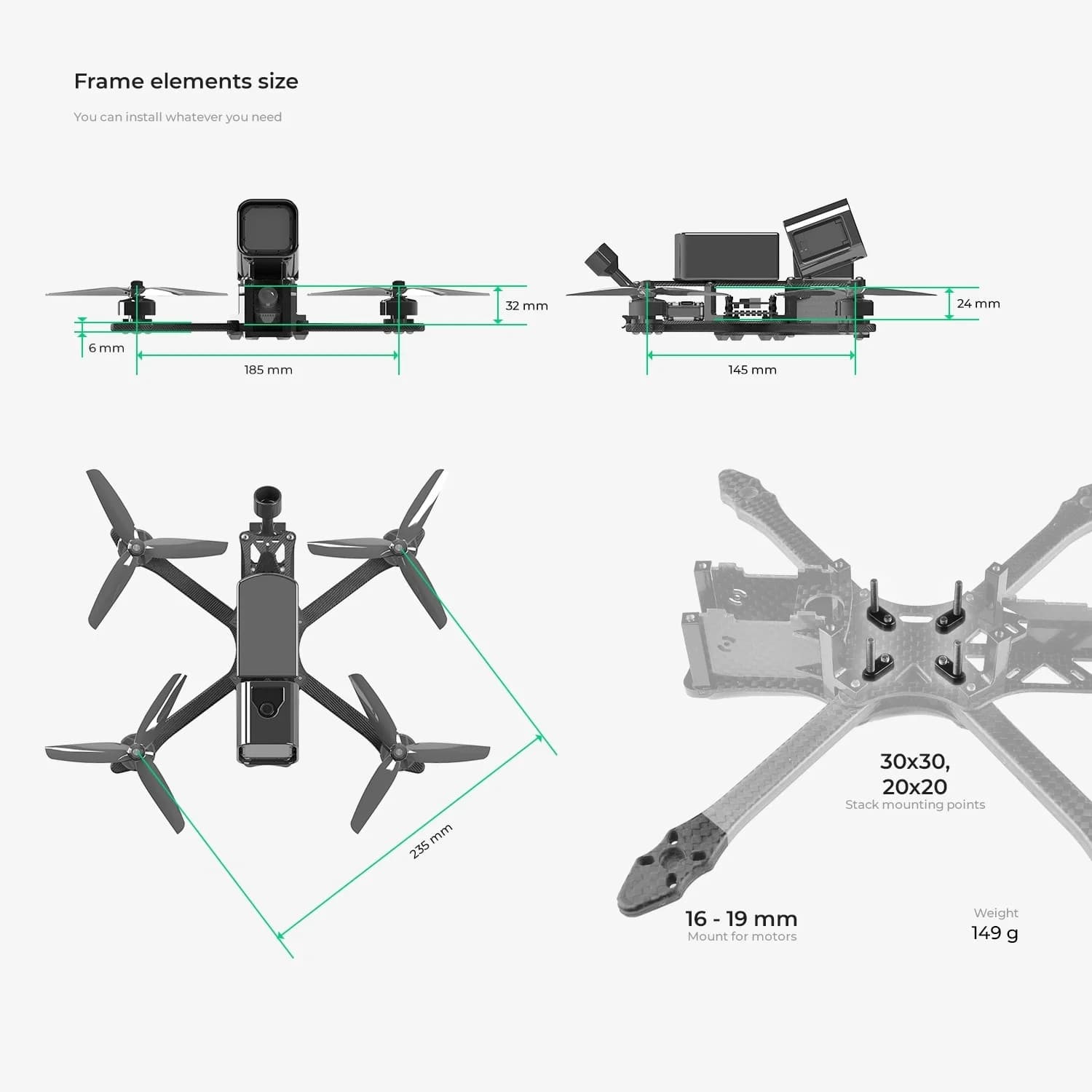 GRL FPV PRO 2 Freestyle Quadcopter Frame 5'' for fpv drones 10