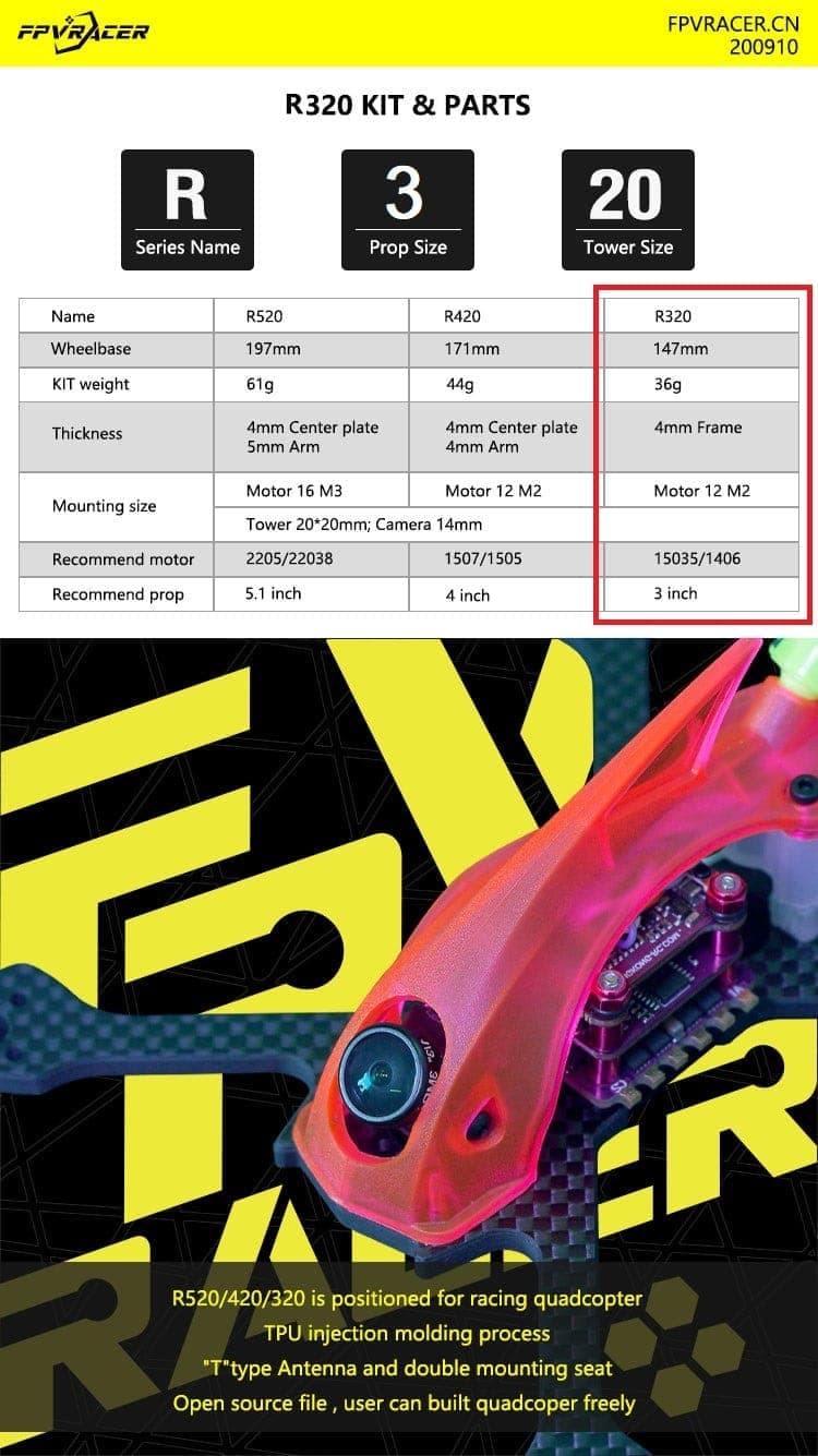 FPVracer R320 Ultralight 3" Long Range Quadcopter Frame for fpv drones 15