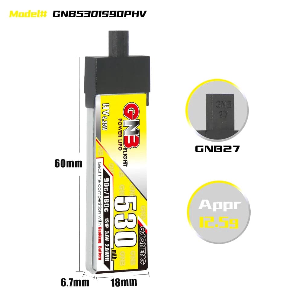 Gaoneng GNB 1S 530MAH 90C 3.8V HV Li-Po Battery for Whoop Micro - GNB27 Plastic Head for fpv drones