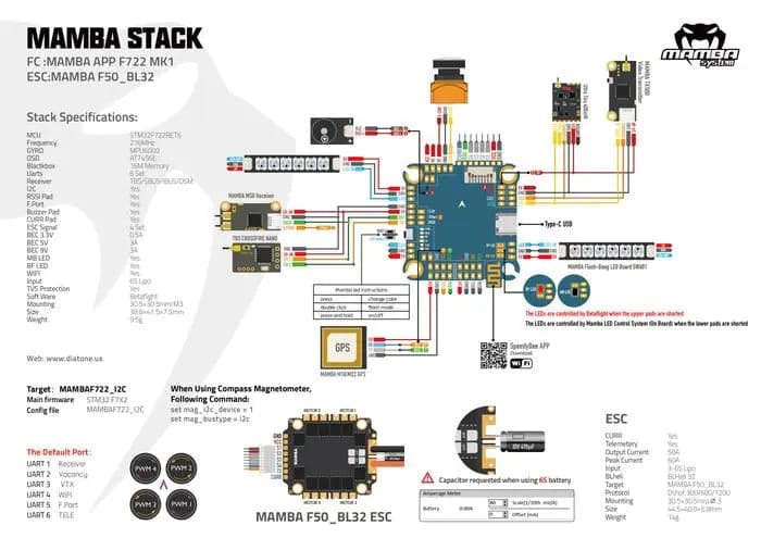 Diatone MAMBA Stack App F722 MK1 + F50_BL32 Dshot1200 50A ESC for fpv drones 5