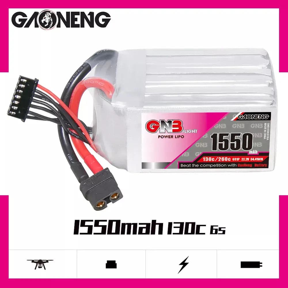 GNB 1550mAh 22.2v 6S 130C - XT60 Lipo Battery with Plastic Plate for fpv drones 3