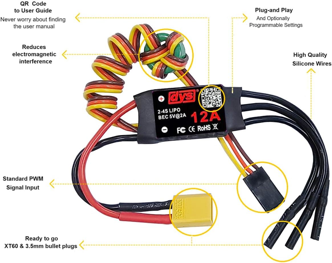DYS 12A 2-4S Brushless ESC With 5V/1.5A BEC For RC fixed-wing Aircraft for fpv drones 6