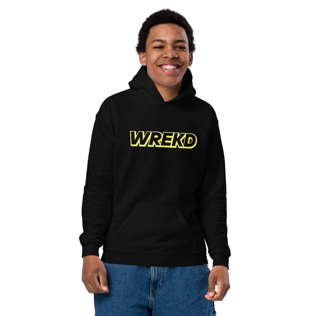 WREKD Yellow on Black Youth Heavy Blend Logo Hoodie for fpv drones