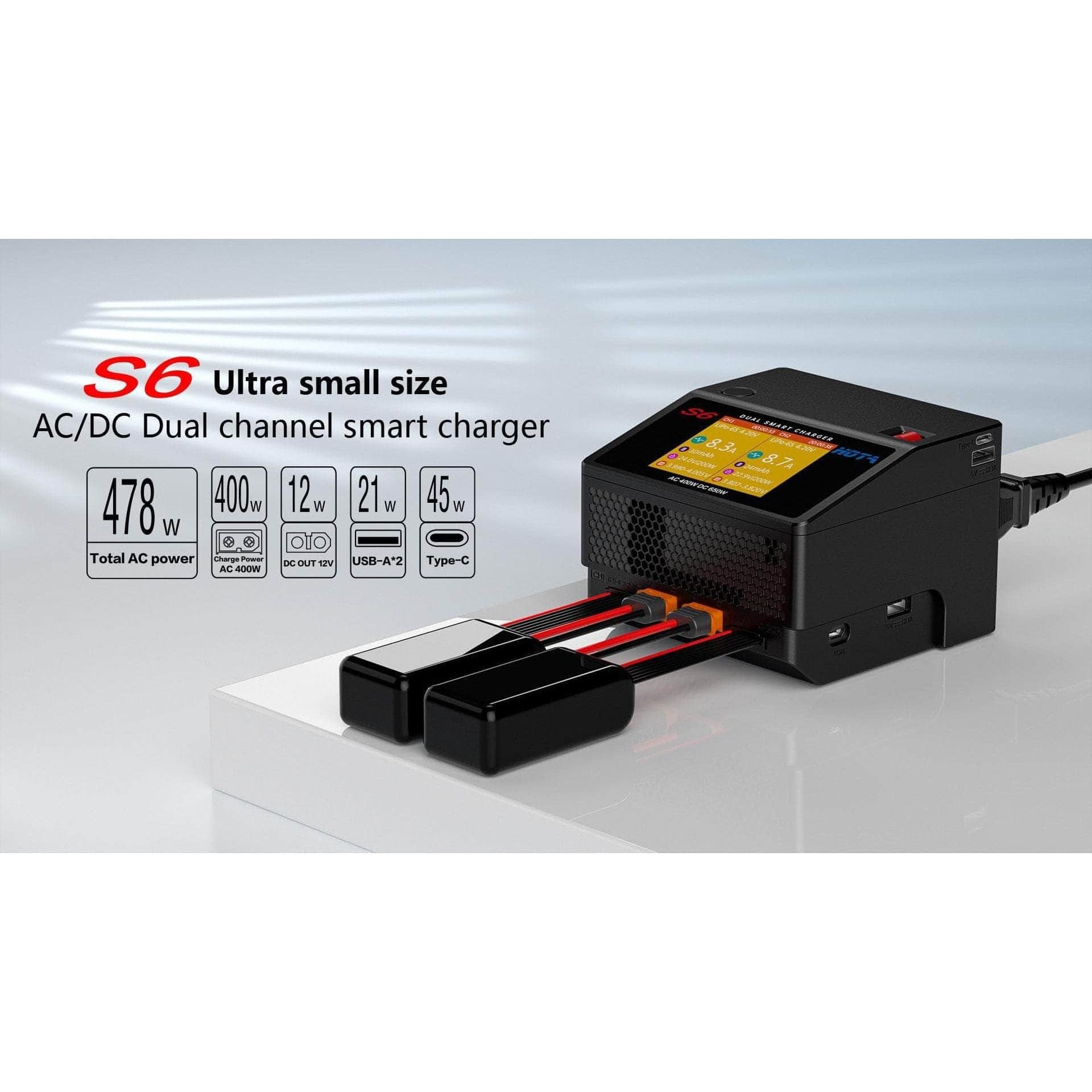 HOTA S6 400W 15A 1-6S Dual Channel AC/DC Smart Charger - Black for fpv drones 4