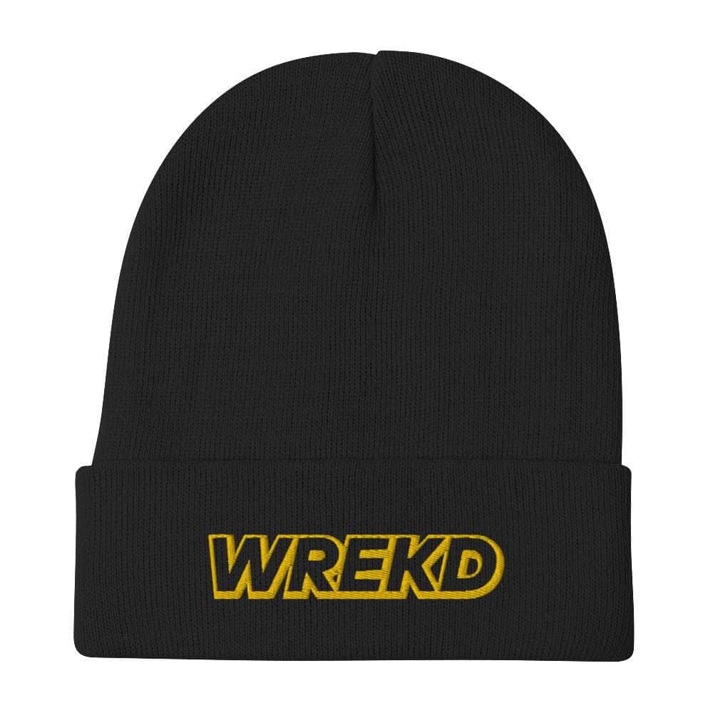 WREKD Gold on Black Logo Knit Beanie for fpv drones