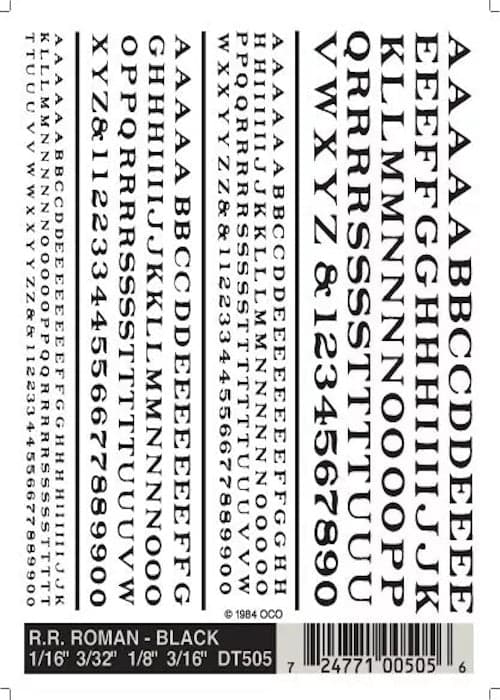 Woodland Scenics DT505 RR Roman Black Decals 1/16-3/16" Train Decal Sheet for fpv drones