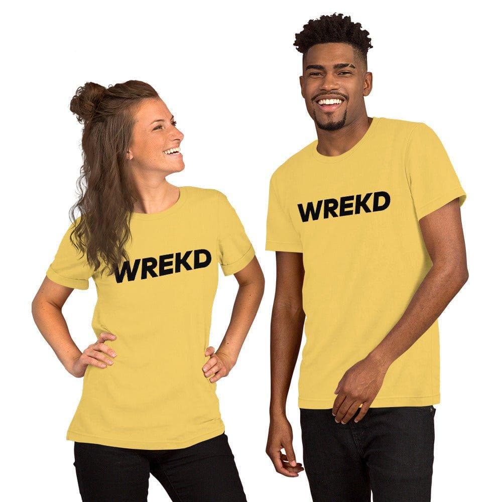 WREKD Black on Yellow Logo Tee for fpv drones 1