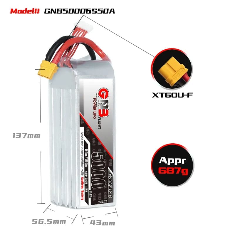 GAONENG GNB 6S 22.2V 5000mAh 50C LiPo Battery XT60 Suits TBS Mojito [DG] for fpv drones 1
