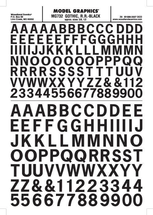Woodland Scenics MG732 Gothic R.R. Letters Black 3/8-1/2" Train Decal Sheet for fpv drones