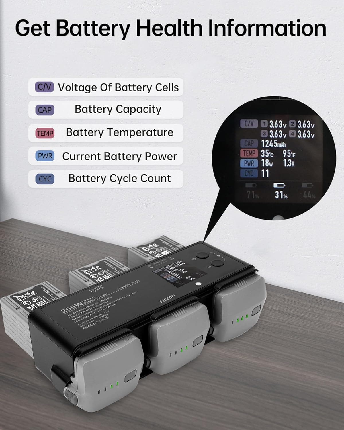 LKTOP 200W Air 3 Series Battey Charging Hub for DJI/Specta Air 3 Series Drone,  with Gather Average Electricity/Fast Charging/Storage/LED/Alarm Mode, LED Display Screen for fpv drones 2