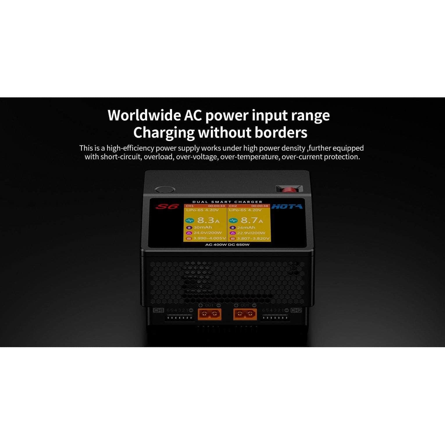 HOTA S6 400W 15A 1-6S Dual Channel AC/DC Smart Charger - Black for fpv drones 6