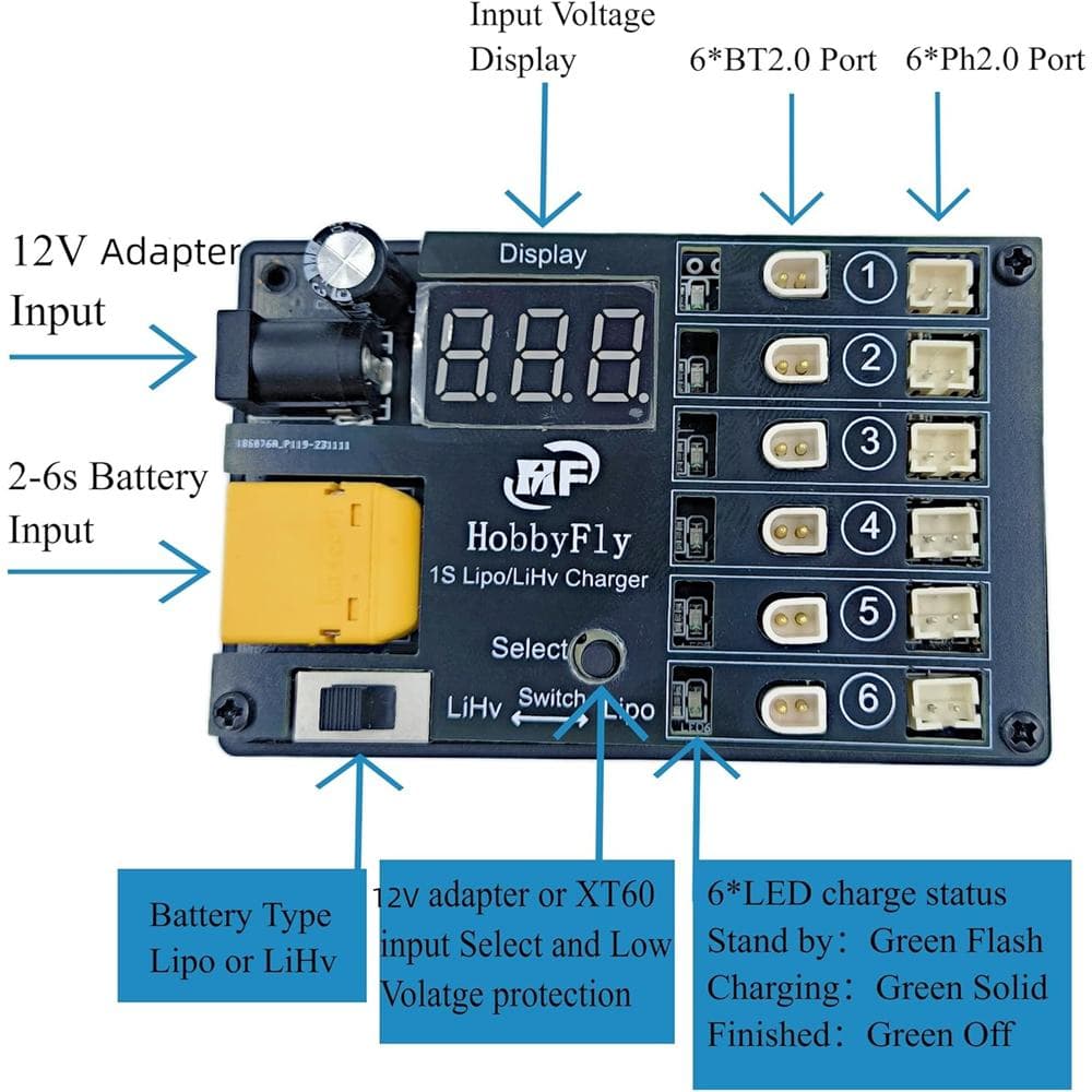 HOBBYFLY 1S LiPo/LiHV Battery Charger 6 Ports BT2.0/PH2.0 Low Voltage Input Protection - with Power Adapter for fpv drones 4