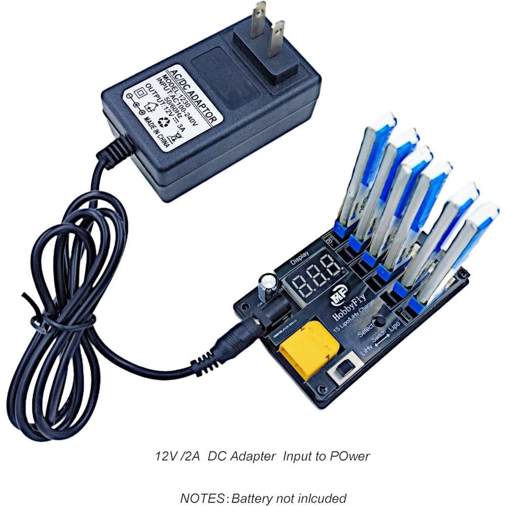HOBBYFLY 1S LiPo/LiHV Battery Charger 6 Ports BT2.0/PH2.0 Low Voltage Input Protection - with Power Adapter for fpv drones 2