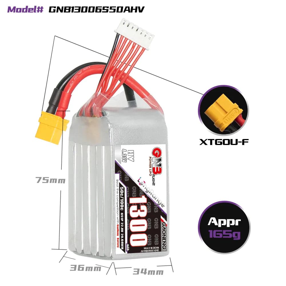 GAONENG GNB LiHV 6S 22.8V 1300mAh 50C XT60 LiPo Battery [DG] for fpv drones 1