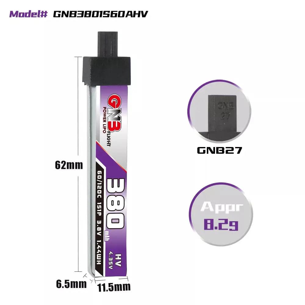 GNB 1S 380mah 3.8V 60C Plastic Head GNB27 HV LiPo Battery for fpv drones 1